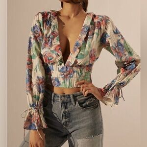 Anthropologie Floral Plunging Neckline Long Sleeve Crop Top Size XS